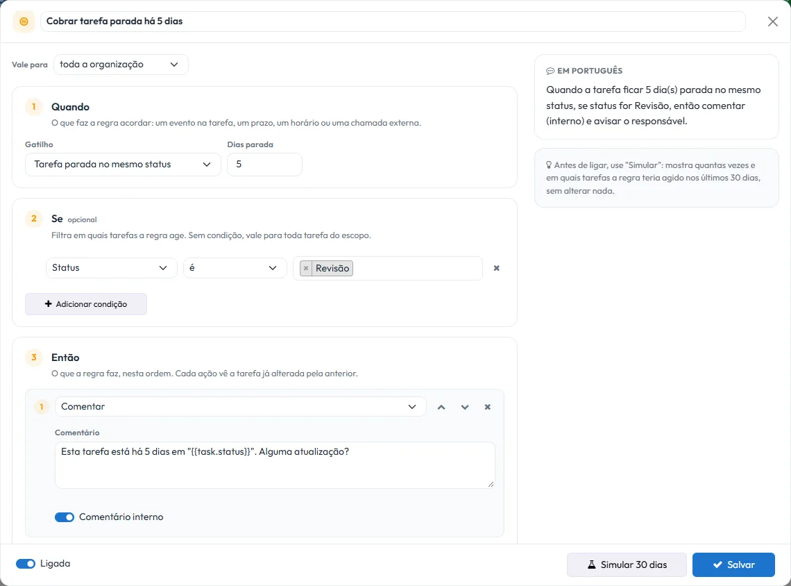 Editor de automação com os blocos Quando, Se e Então e a frase em português ao lado