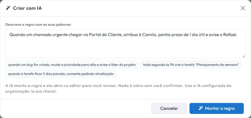 Criar com IA: a regra descrita em português, pronta para a IA montar