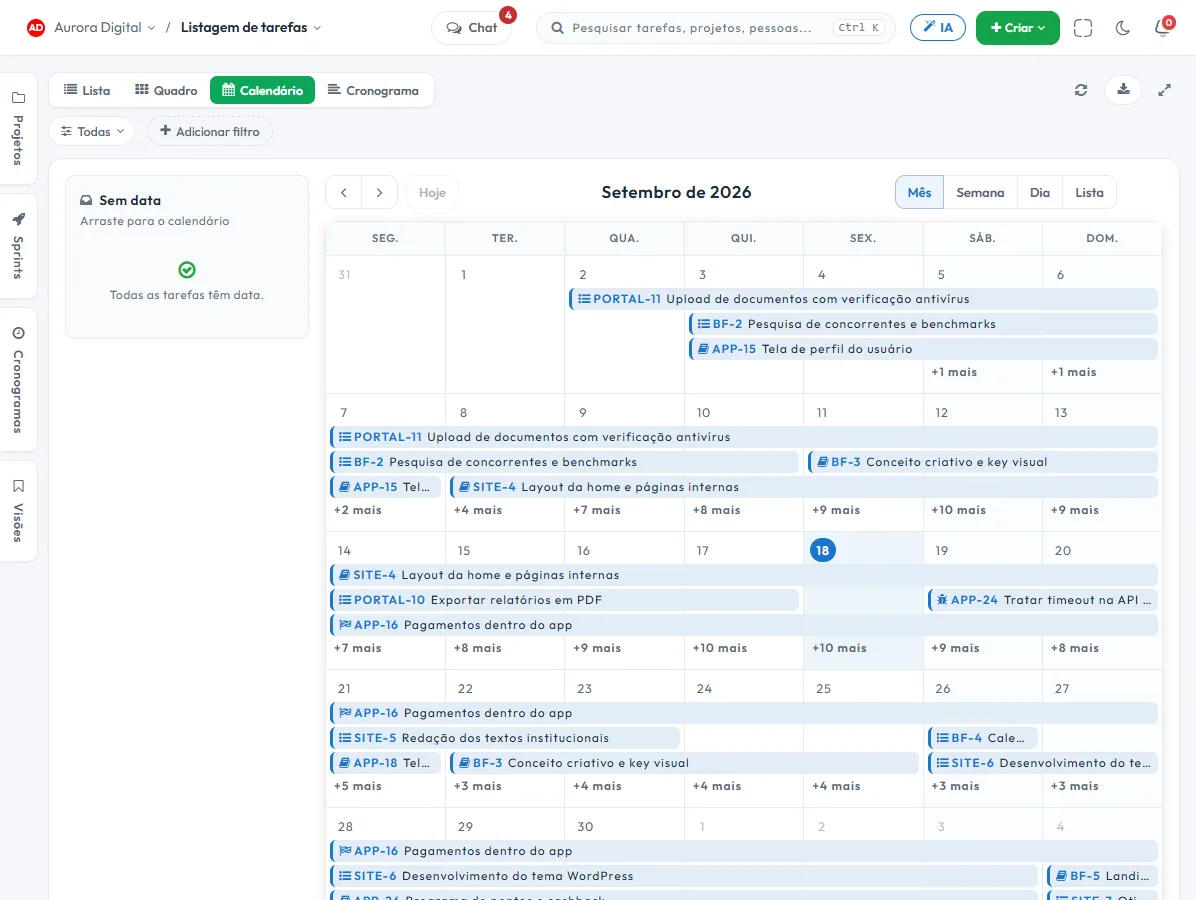 Calendário mensal de tarefas