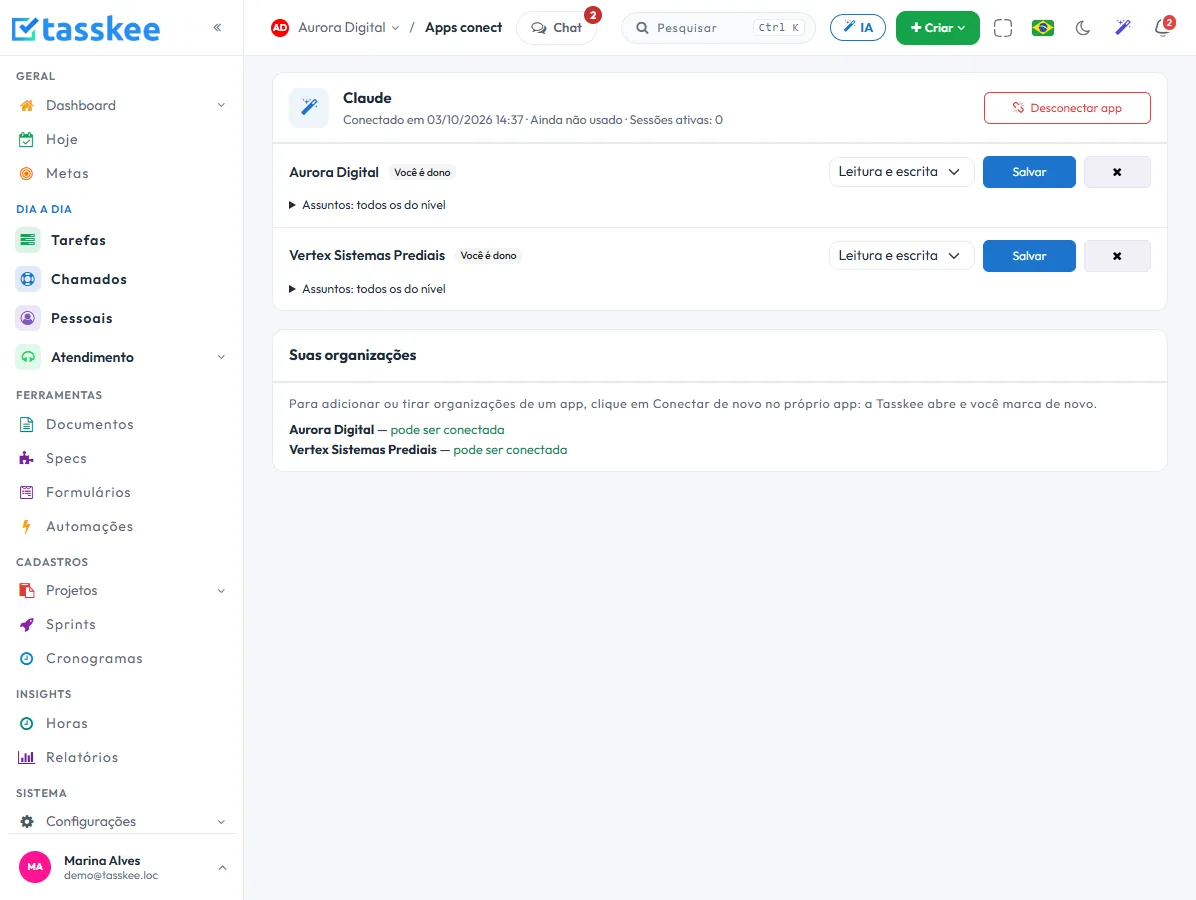 Tela Apps conectados da Tasskee com o Claude conectado a duas organizações