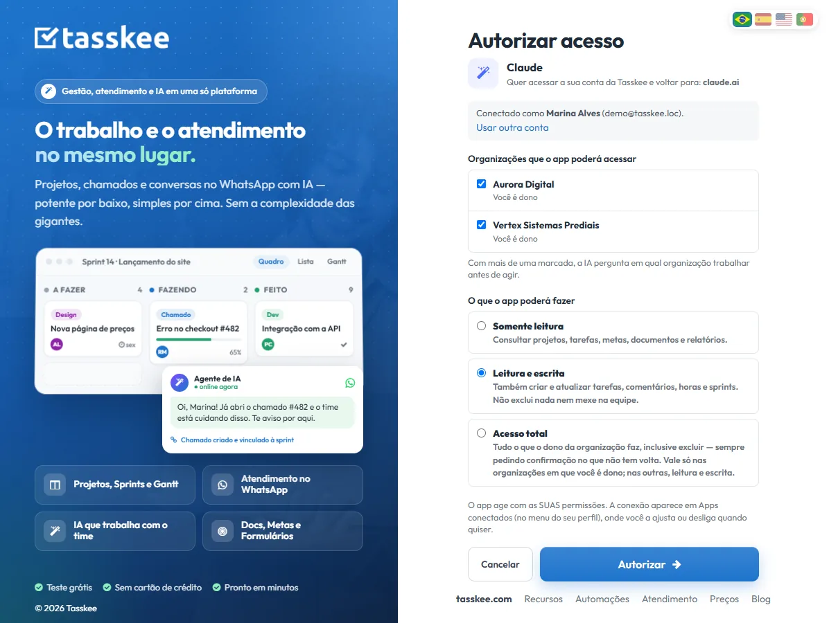 Tela da Tasskee pedindo autorização para o Claude acessar duas organizações, com leitura e escrita