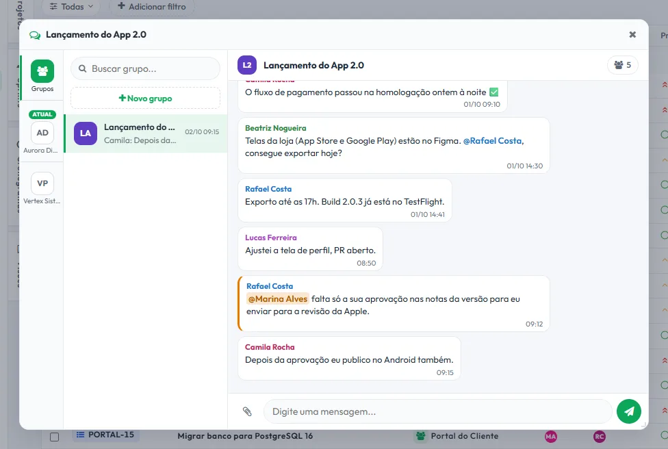 Grupo do chat interno da Tasskee com mensagens do time e uma menção destacada